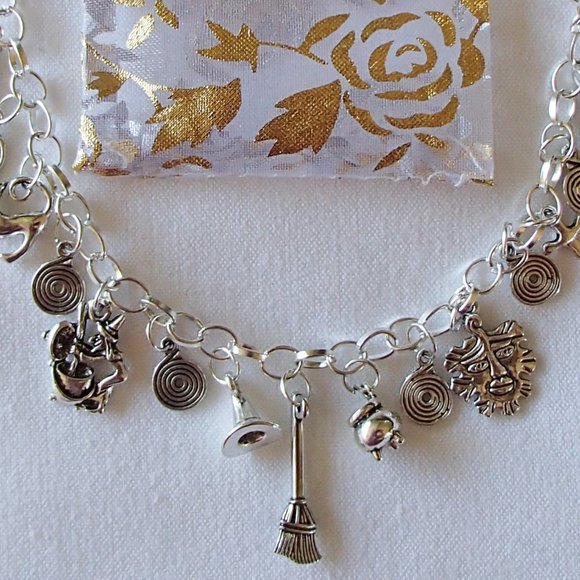 Wicca Witch Pagan Theme Charm Bracelet SP Handcrafted + Organza Roses Gift Bag - Picture 3 of 8